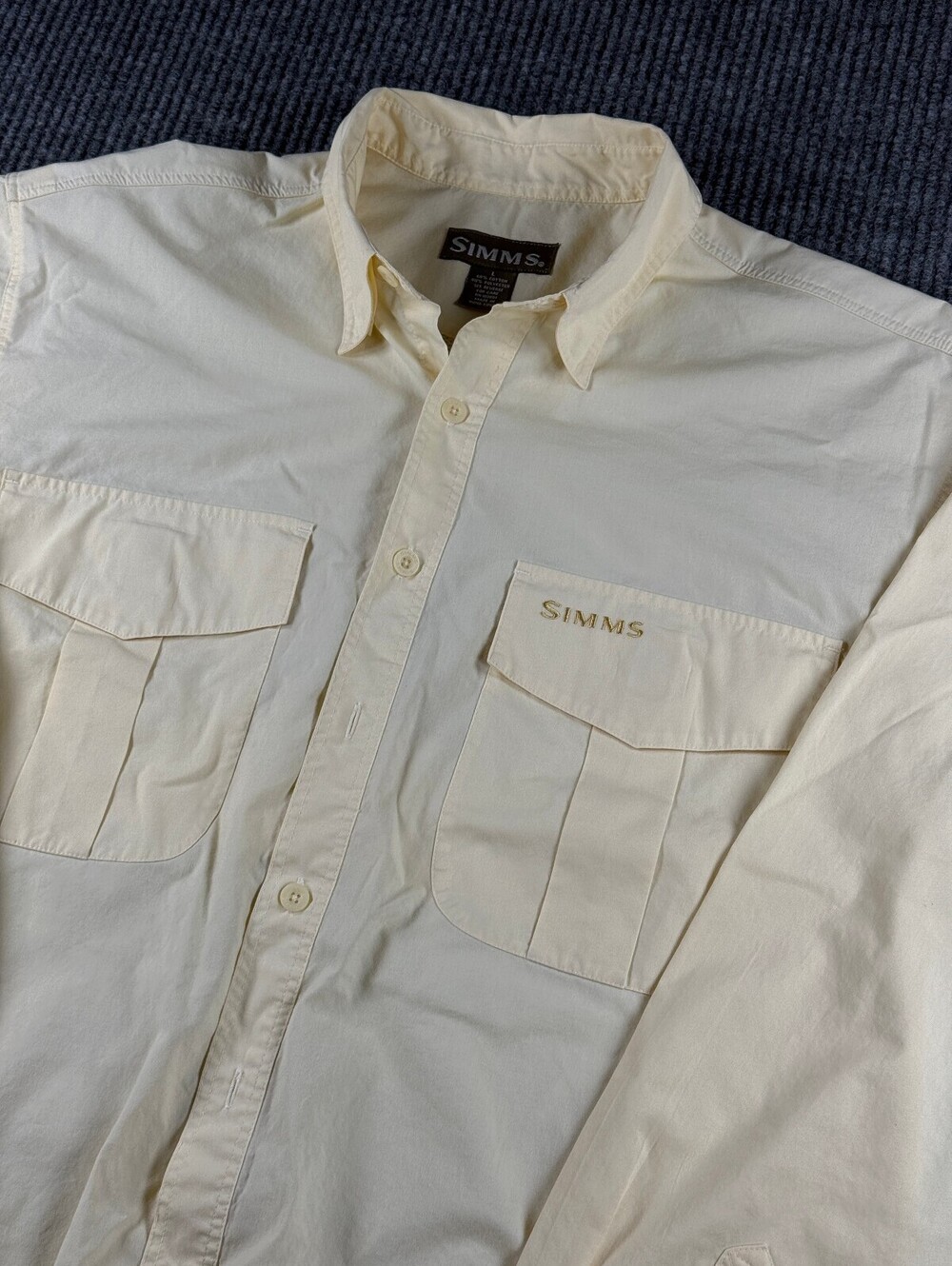 Simms Button Up Shirt Men Large Long Sleeve Yellow Vented Pockets Fishing